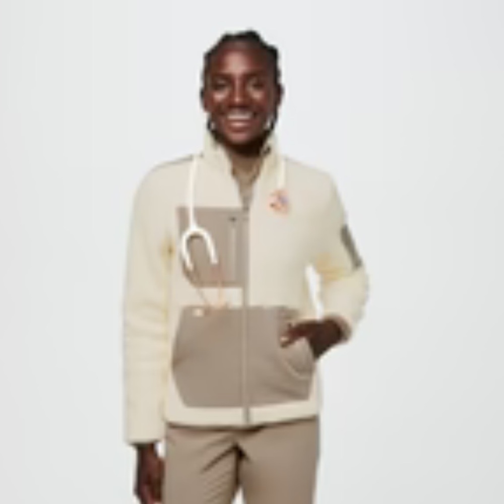 Figs On shift color block Sherpa jacket in oatmeal/latte in good condition